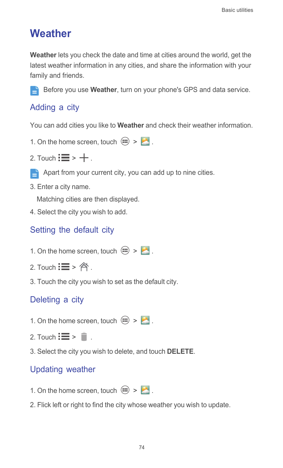 Weather, Adding a city, Setting the default city | Deleting a city, Updating weather | Huawei Ascend G526 User Manual | Page 79 / 94