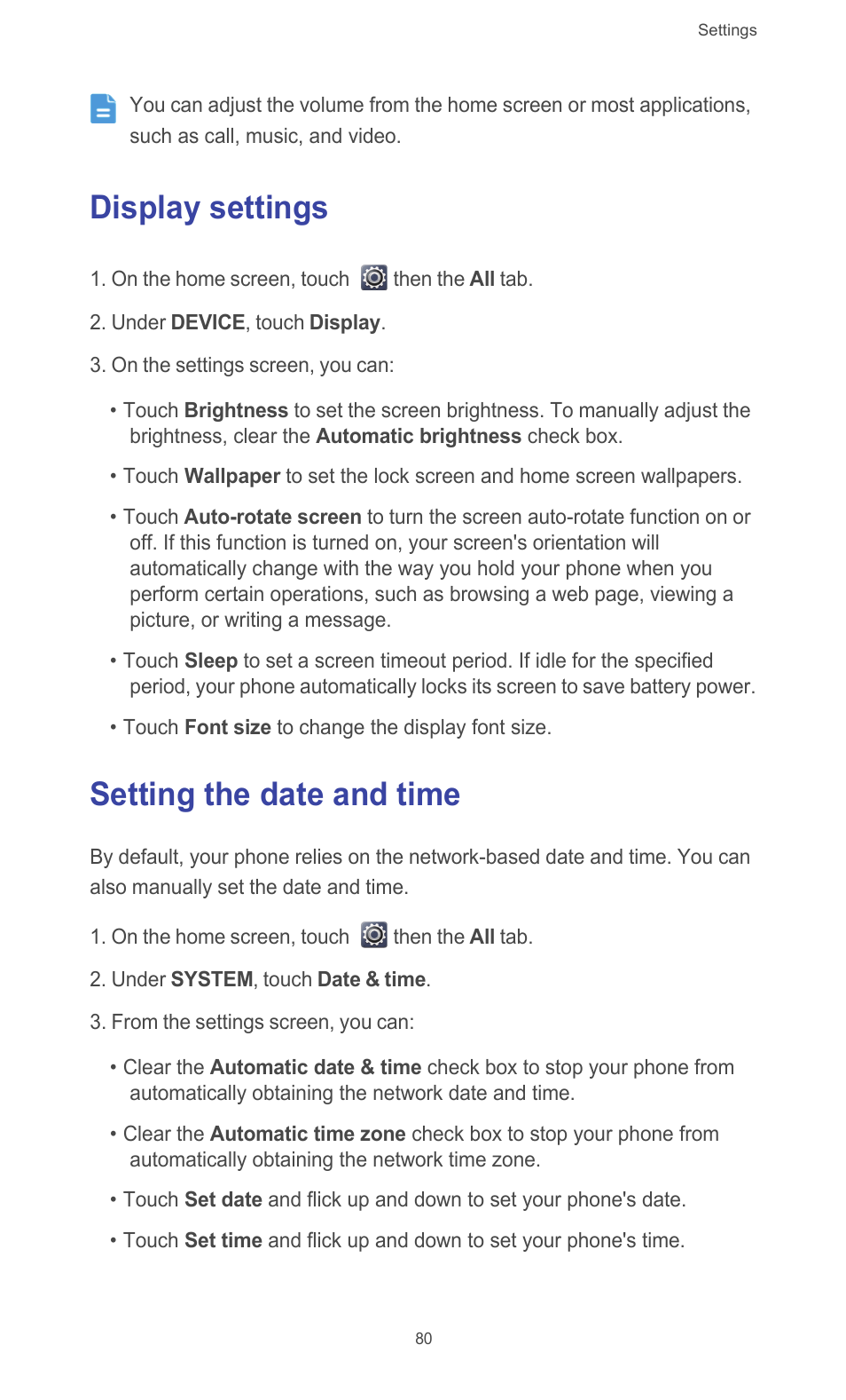 Display settings, Setting the date and time, Display settings setting the date and time | Huawei Ascend G526 User Manual | Page 85 / 94