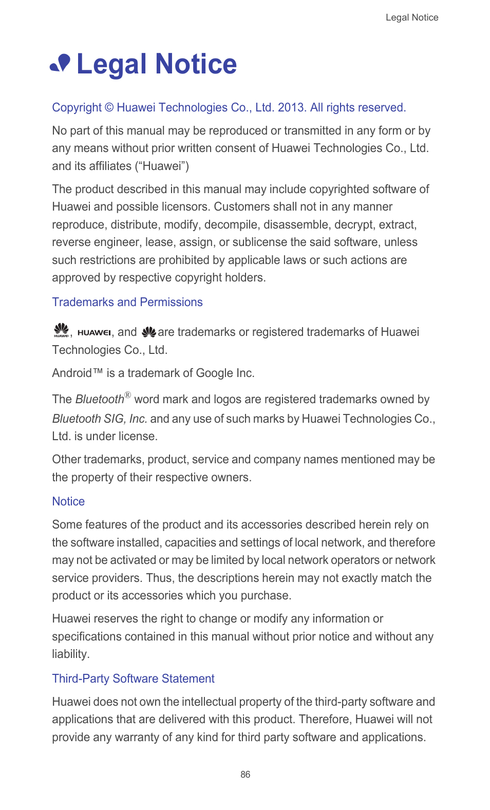 Legal notice, Trademarks and permissions, Notice | Third-party software statement | Huawei Ascend G526 User Manual | Page 91 / 94