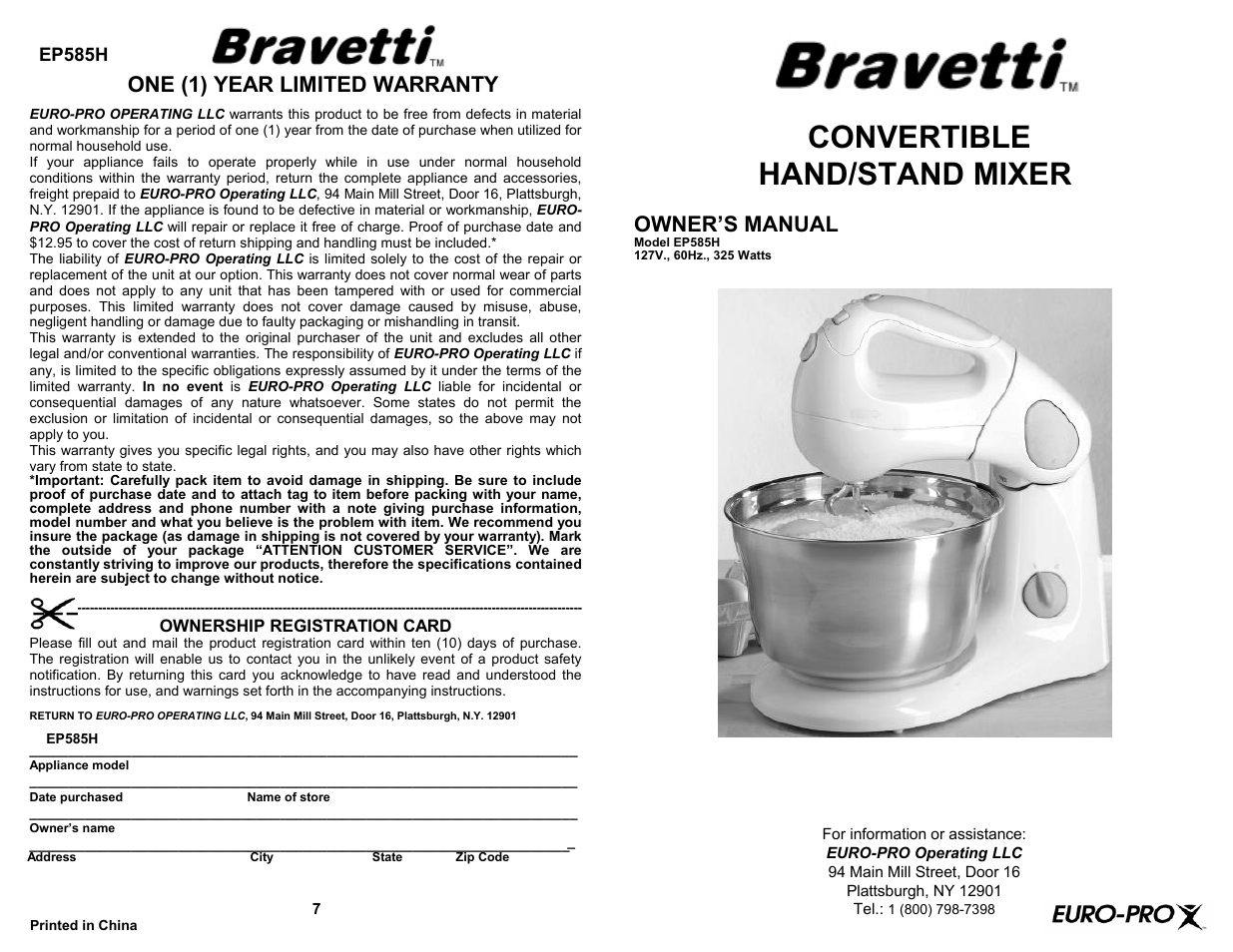 Bravetti EURO-PRO EP585H User Manual | 4 pages