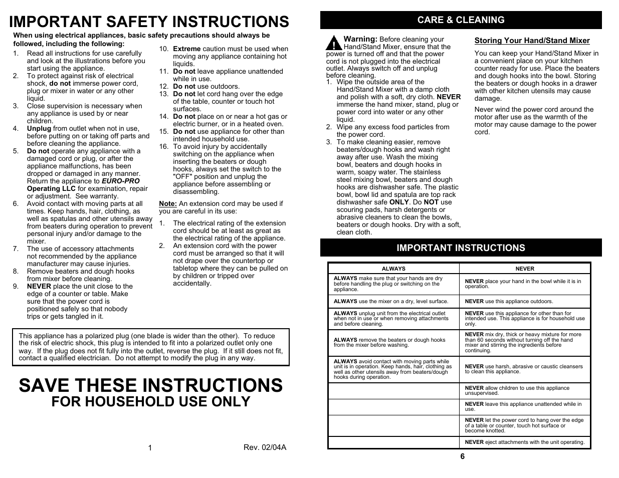 Save these instructions, Important safety instructions, For household use only | Care & cleaning, Important instructions | Bravetti EURO-PRO EP585H User Manual | Page 2 / 4