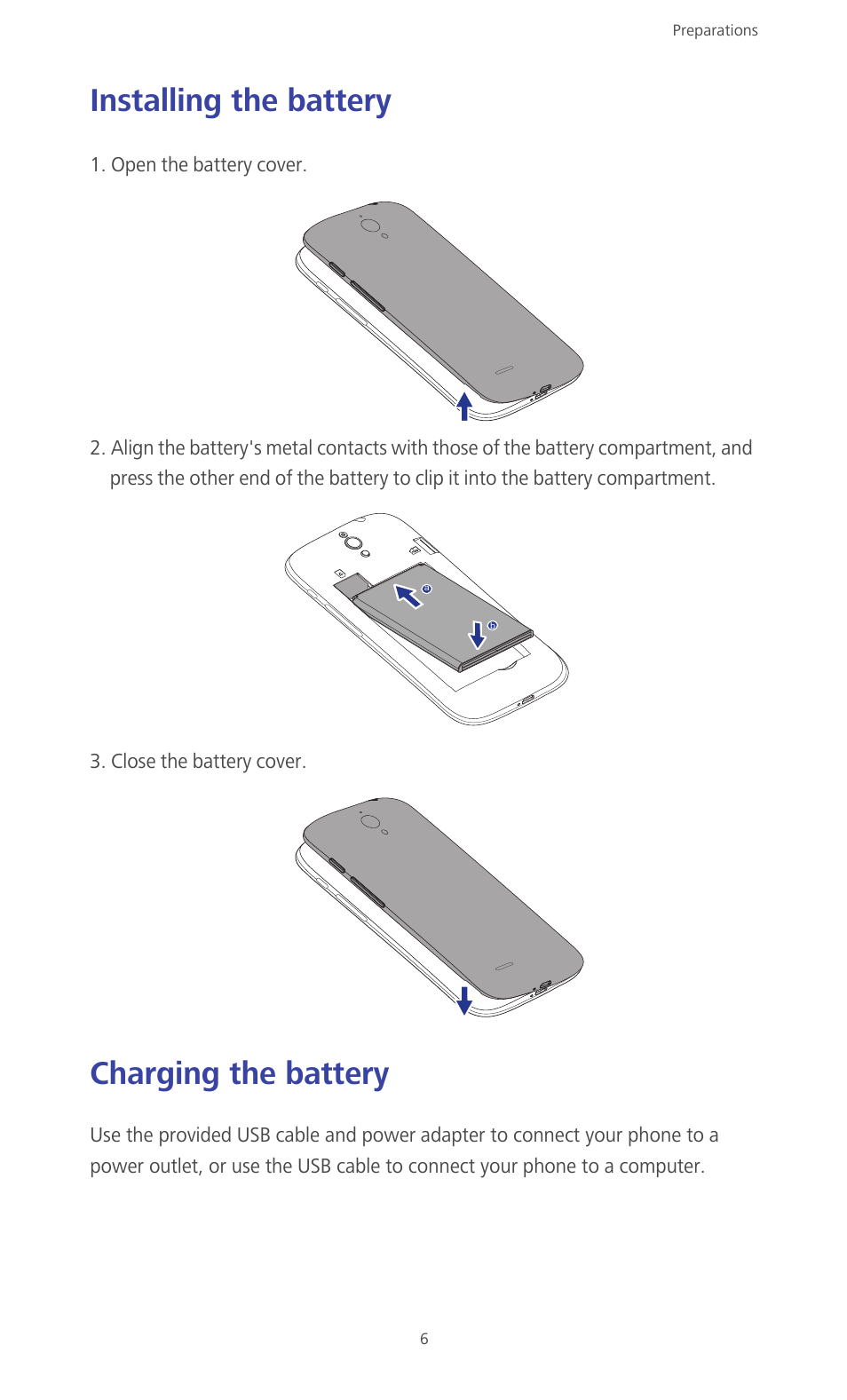 Installing the battery, Charging the battery, Installing the battery charging the battery | Huawei Ascend G610-U15 User Manual | Page 11 / 94