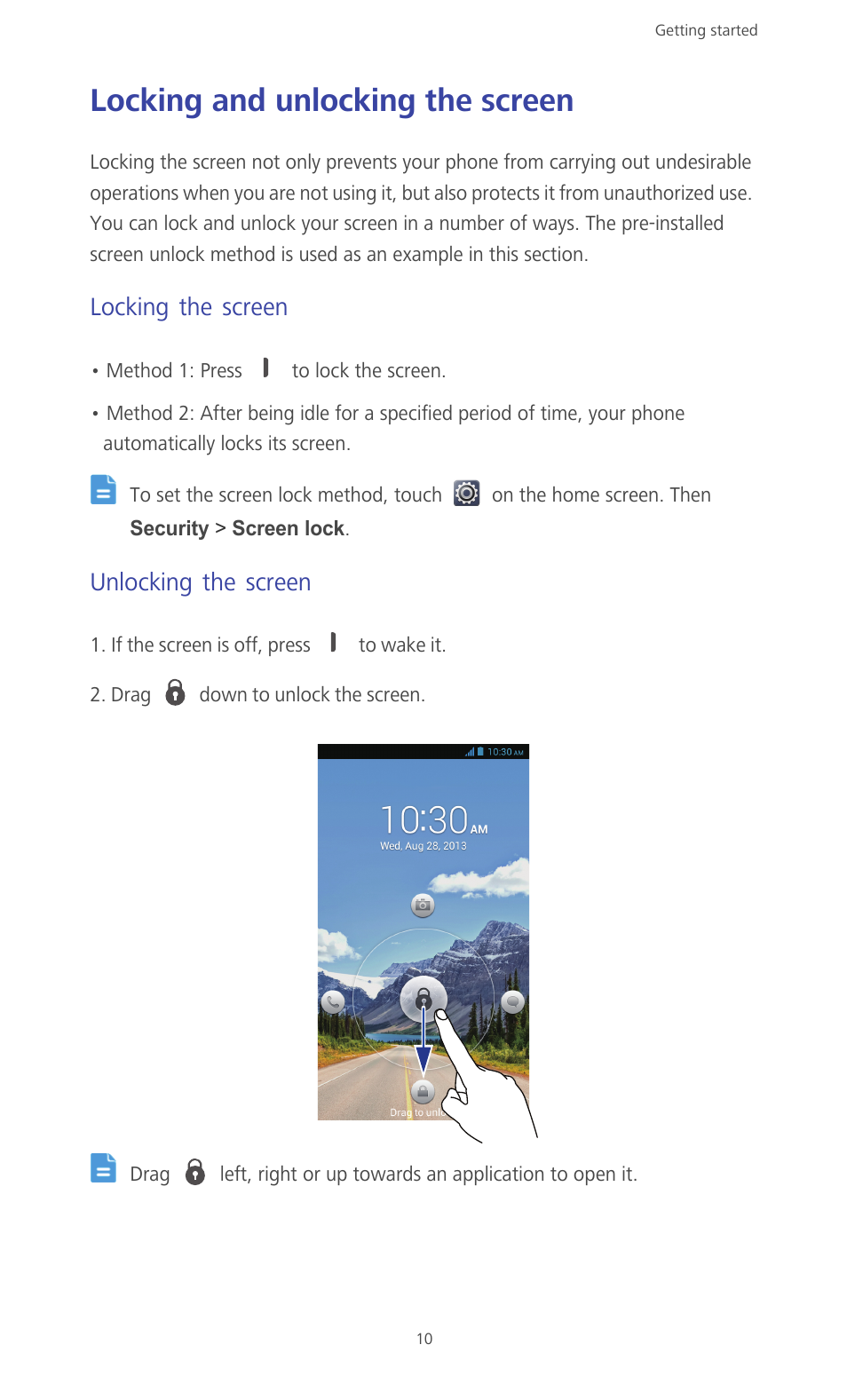Locking and unlocking the screen, Locking the screen, Unlocking the screen | Huawei Ascend G610-U15 User Manual | Page 15 / 94