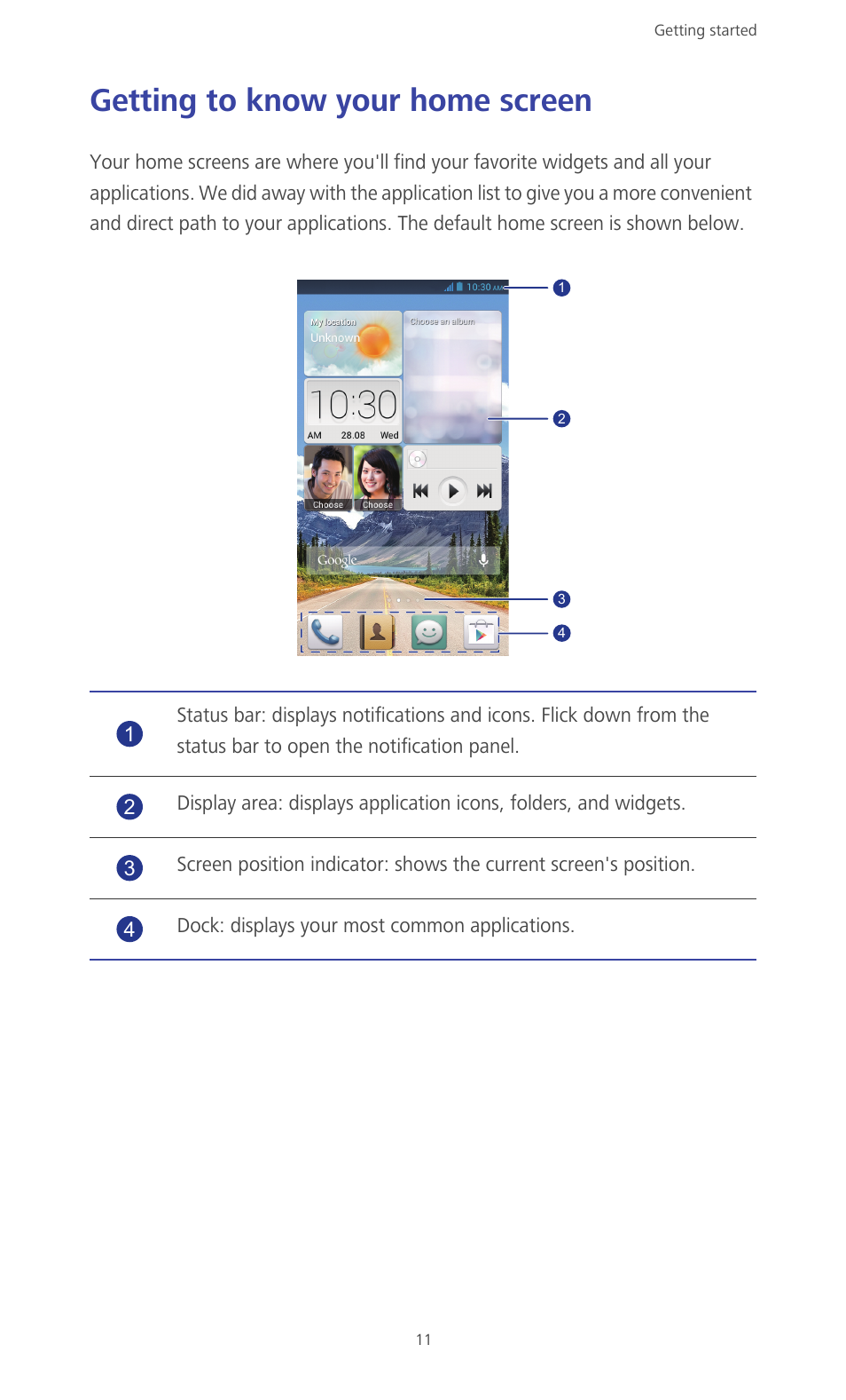 Getting to know your home screen | Huawei Ascend G610-U15 User Manual | Page 16 / 94