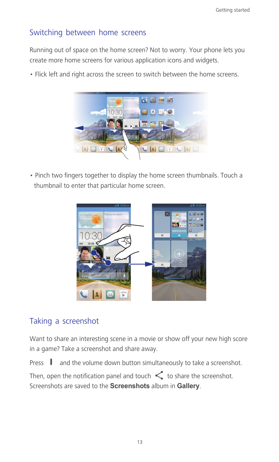 Switching between home screens, Taking a screenshot | Huawei Ascend G610-U15 User Manual | Page 18 / 94