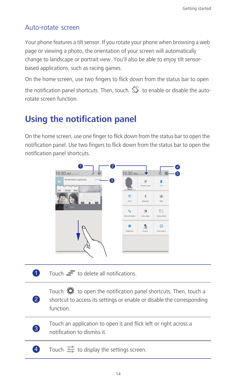 Auto-rotate screen, Using the notification panel | Huawei Ascend G610-U15 User Manual | Page 19 / 94