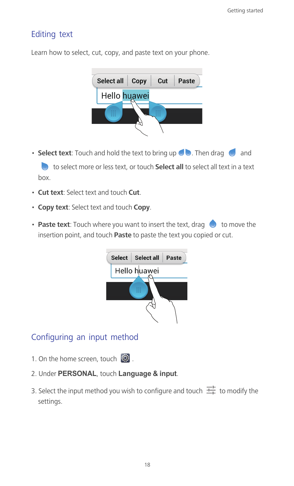 Editing text, Configuring an input method | Huawei Ascend G610-U15 User Manual | Page 23 / 94