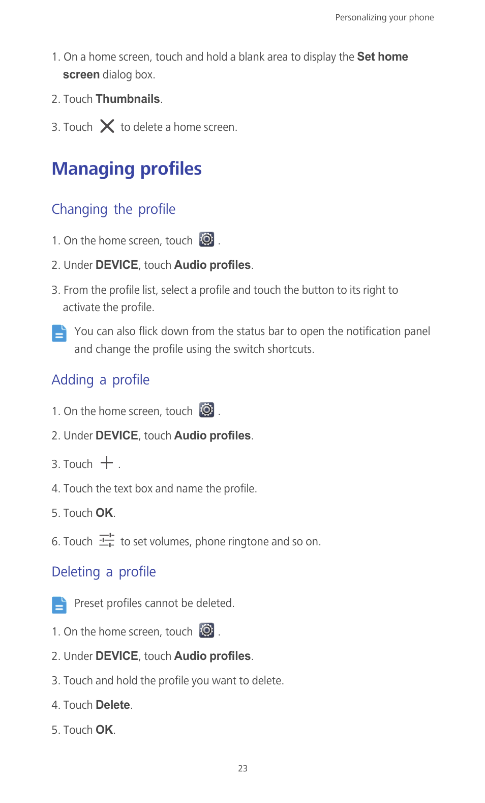 Managing profiles, Changing the profile, Adding a profile | Deleting a profile | Huawei Ascend G610-U15 User Manual | Page 28 / 94