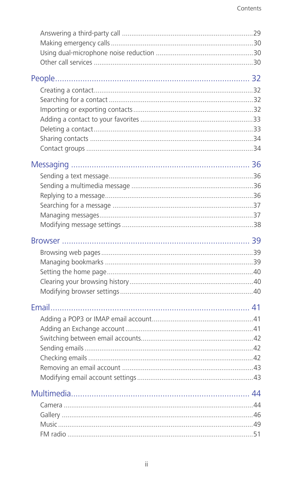People, Messaging, Browser | Email, Multimedia | Huawei Ascend G610-U15 User Manual | Page 3 / 94