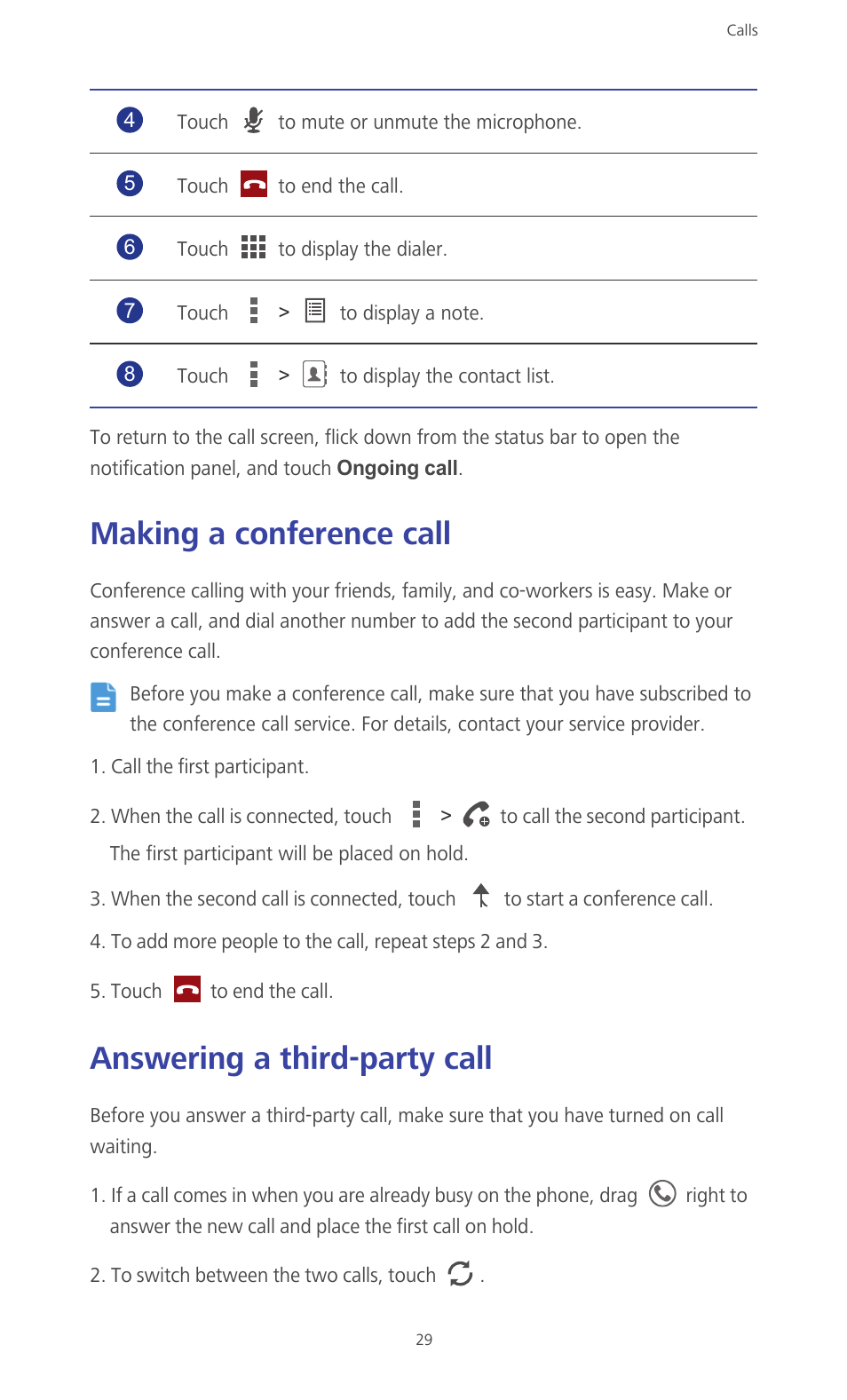 Making a conference call, Answering a third-party call | Huawei Ascend G610-U15 User Manual | Page 34 / 94