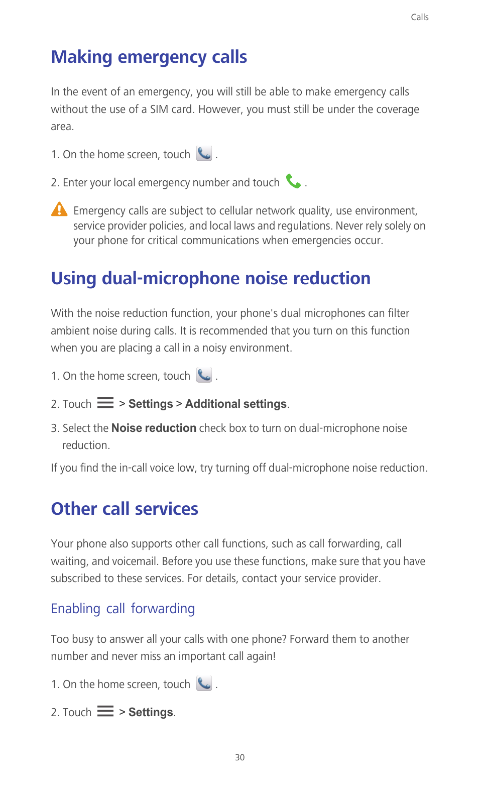 Making emergency calls, Using dual-microphone noise reduction, Other call services | Enabling call forwarding | Huawei Ascend G610-U15 User Manual | Page 35 / 94