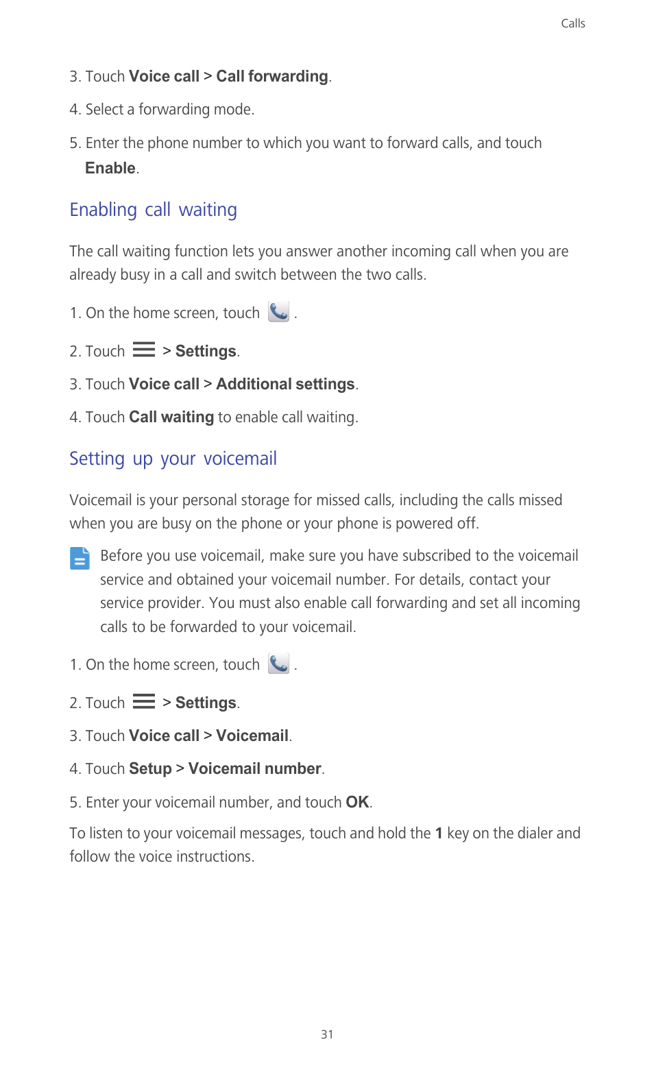 Enabling call waiting, Setting up your voicemail | Huawei Ascend G610-U15 User Manual | Page 36 / 94