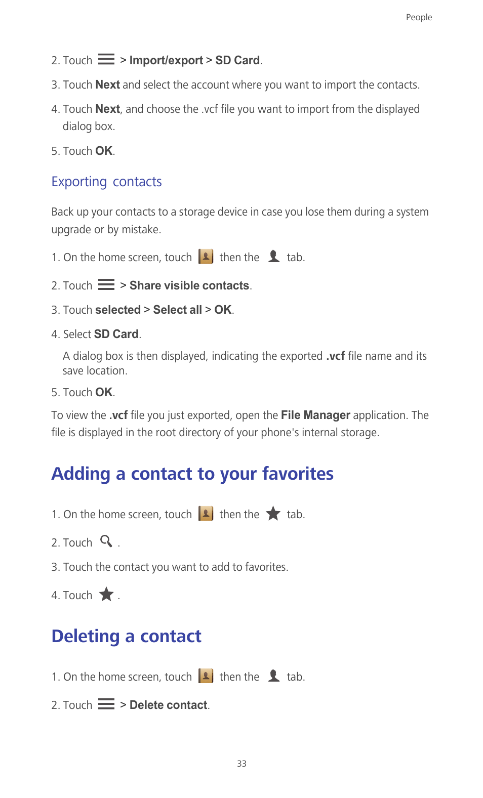 Exporting contacts, Adding a contact to your favorites, Deleting a contact | Huawei Ascend G610-U15 User Manual | Page 38 / 94