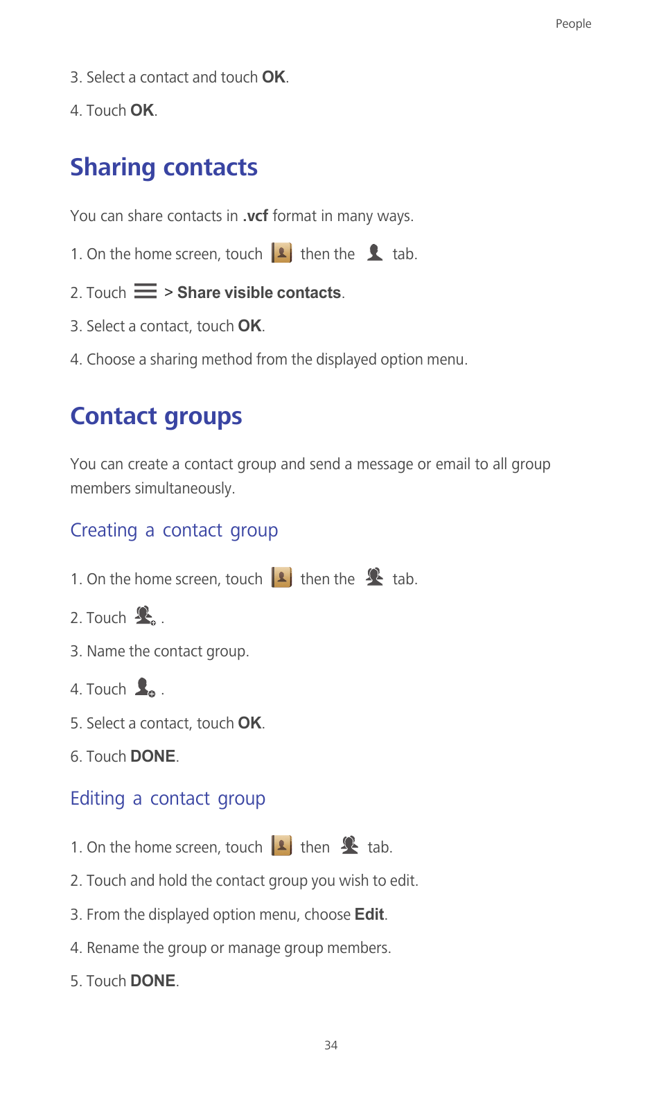 Sharing contacts, Contact groups, Creating a contact group | Editing a contact group, Sharing contacts contact groups | Huawei Ascend G610-U15 User Manual | Page 39 / 94