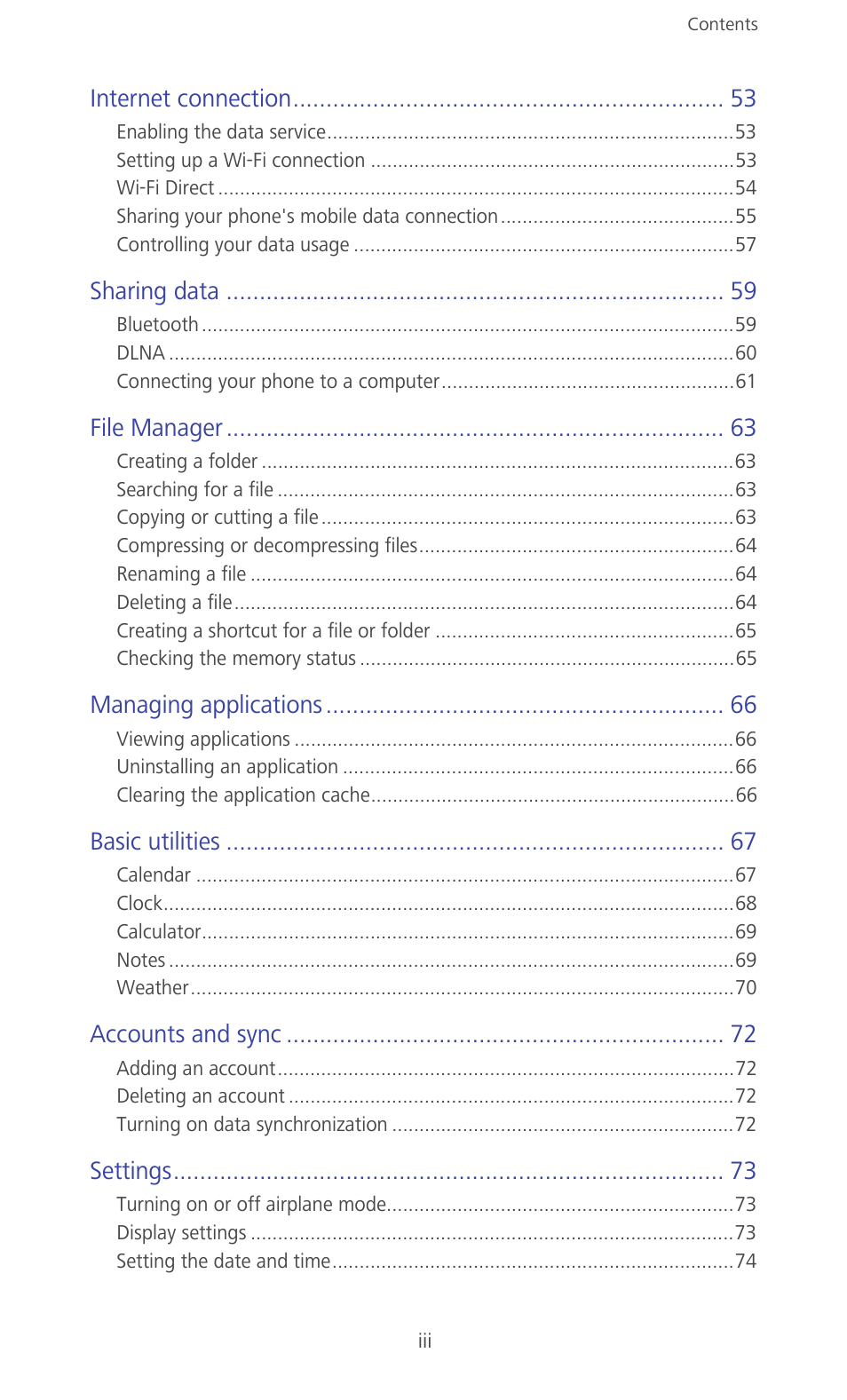 Internet connection, Sharing data, File manager | Managing applications, Basic utilities, Accounts and sync, Settings | Huawei Ascend G610-U15 User Manual | Page 4 / 94