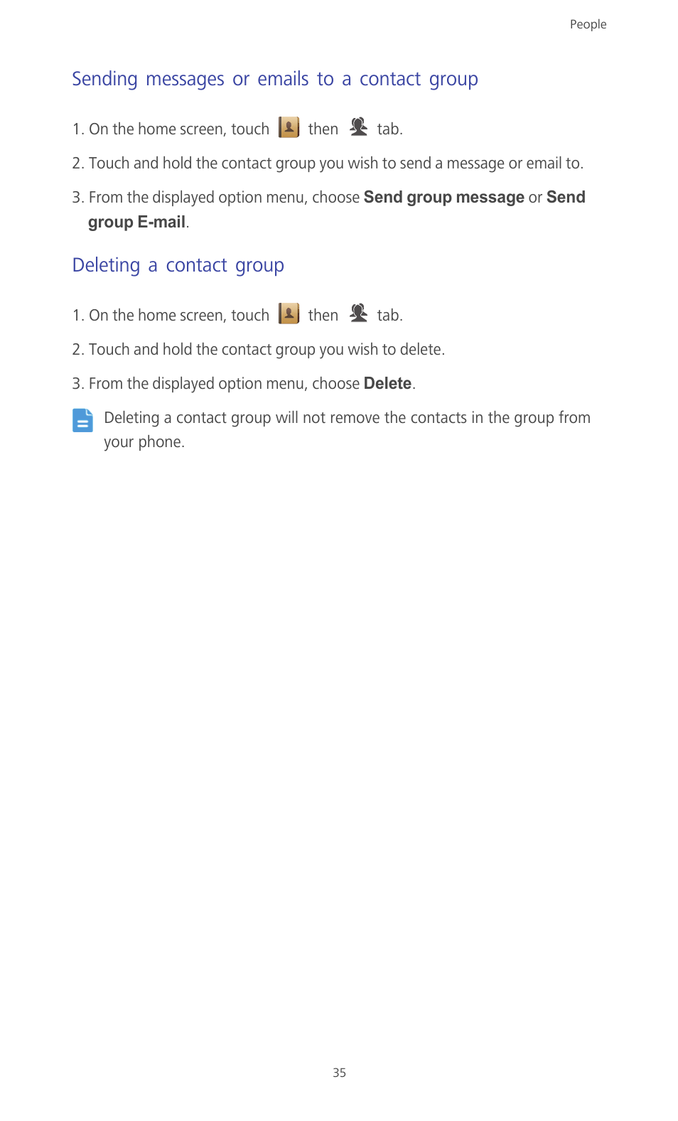 Sending messages or emails to a contact group, Deleting a contact group | Huawei Ascend G610-U15 User Manual | Page 40 / 94