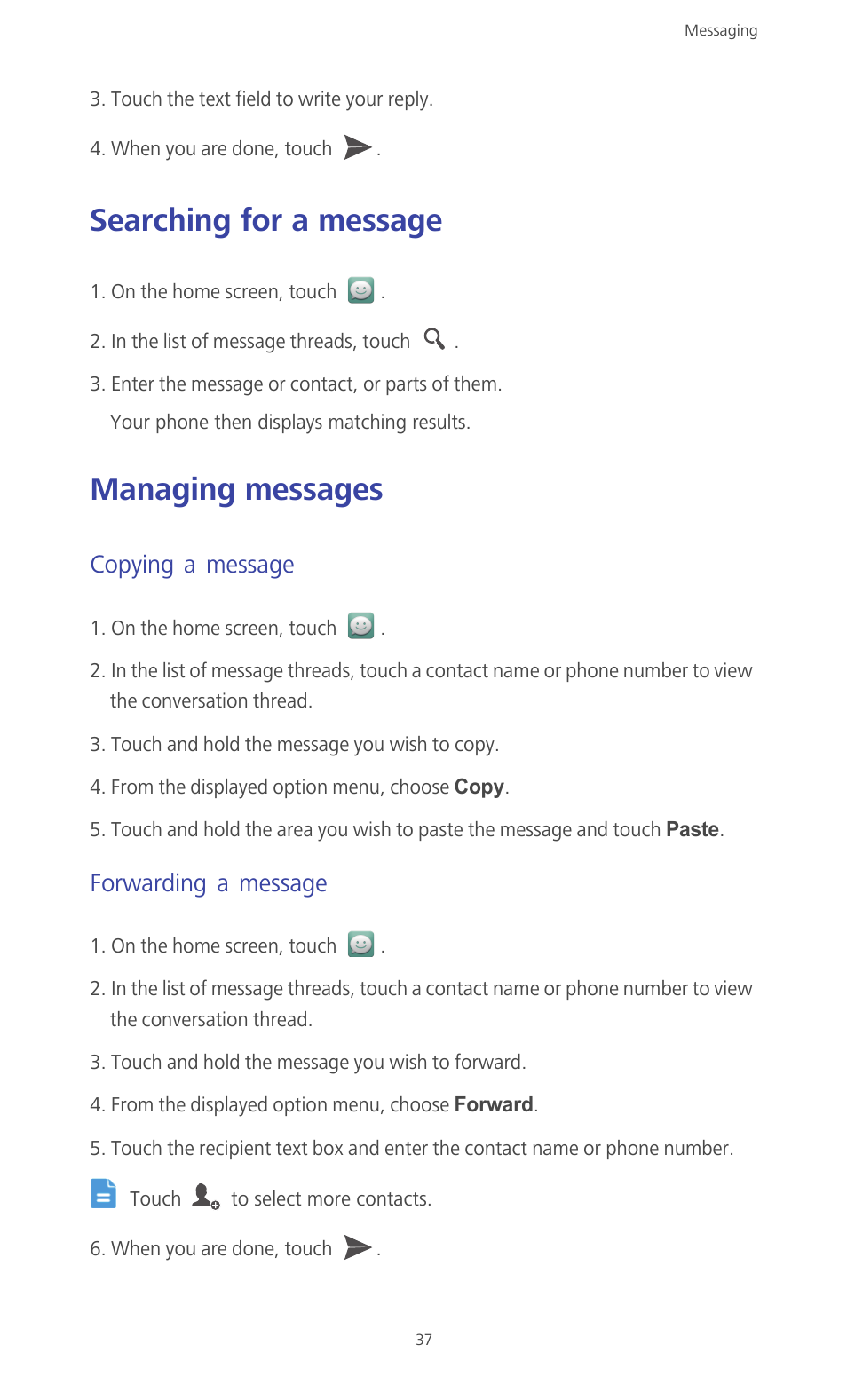 Searching for a message, Managing messages, Copying a message | Forwarding a message, Searching for a message managing messages | Huawei Ascend G610-U15 User Manual | Page 42 / 94