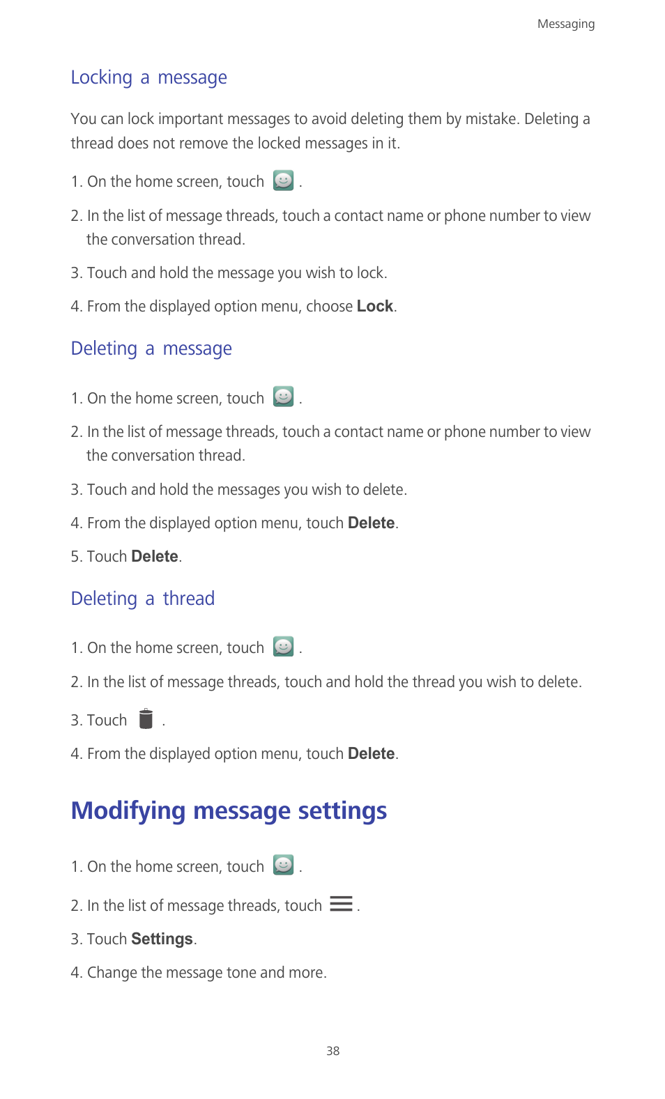 Locking a message, Deleting a message, Deleting a thread | Modifying message settings | Huawei Ascend G610-U15 User Manual | Page 43 / 94