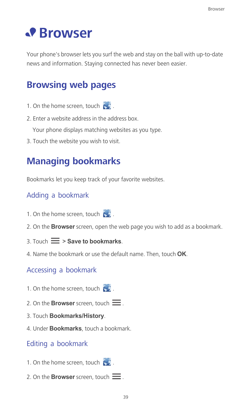 Browser, Managing bookmarks, Adding a bookmark | Accessing a bookmark, Editing a bookmark, Browsing web pages | Huawei Ascend G610-U15 User Manual | Page 44 / 94