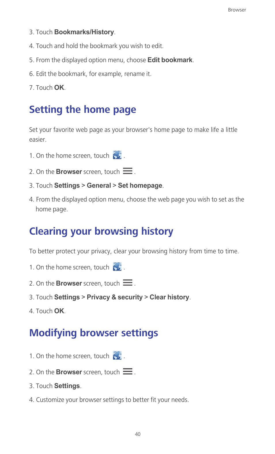 Clearing your browsing history, Modifying browser settings, Setting the home page | Huawei Ascend G610-U15 User Manual | Page 45 / 94