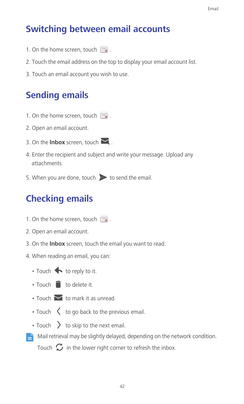 Switching between email accounts, Sending emails, Checking emails | Huawei Ascend G610-U15 User Manual | Page 47 / 94