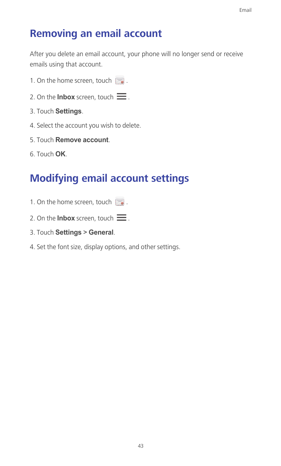 Removing an email account, Modifying email account settings | Huawei Ascend G610-U15 User Manual | Page 48 / 94