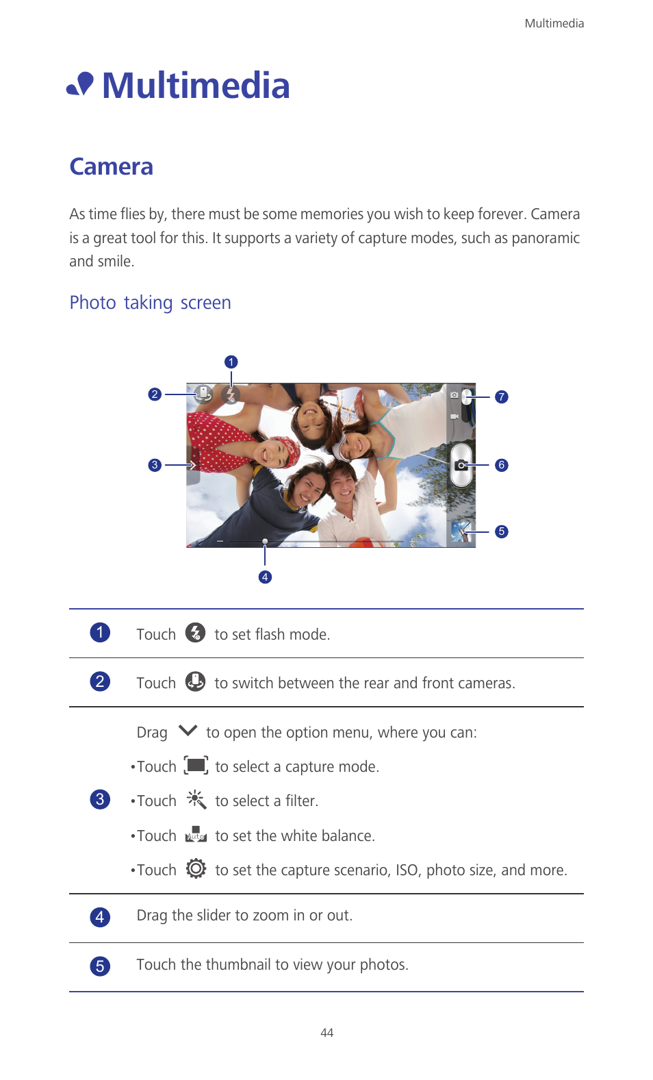 Multimedia, Camera, Photo taking screen | Huawei Ascend G610-U15 User Manual | Page 49 / 94