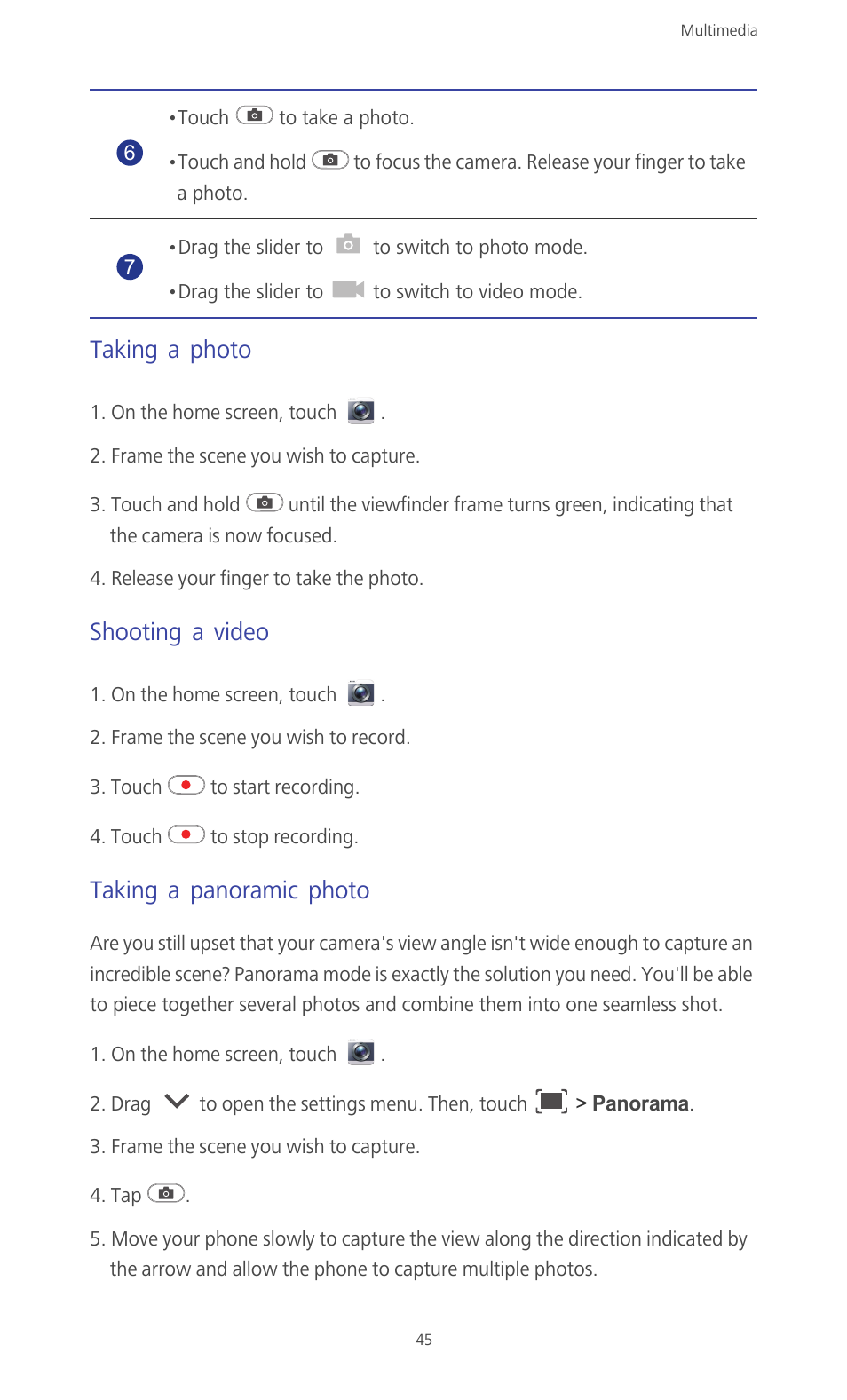 Taking a photo, Shooting a video, Taking a panoramic photo | Huawei Ascend G610-U15 User Manual | Page 50 / 94