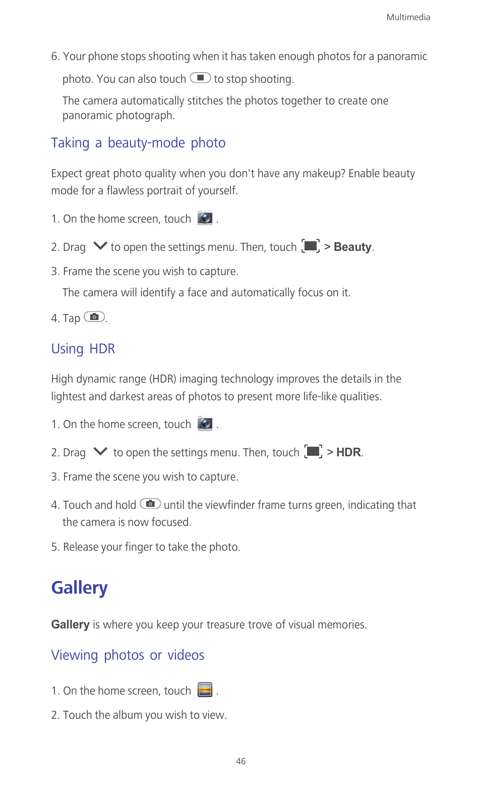 Taking a beauty-mode photo, Using hdr, Gallery | Viewing photos or videos | Huawei Ascend G610-U15 User Manual | Page 51 / 94