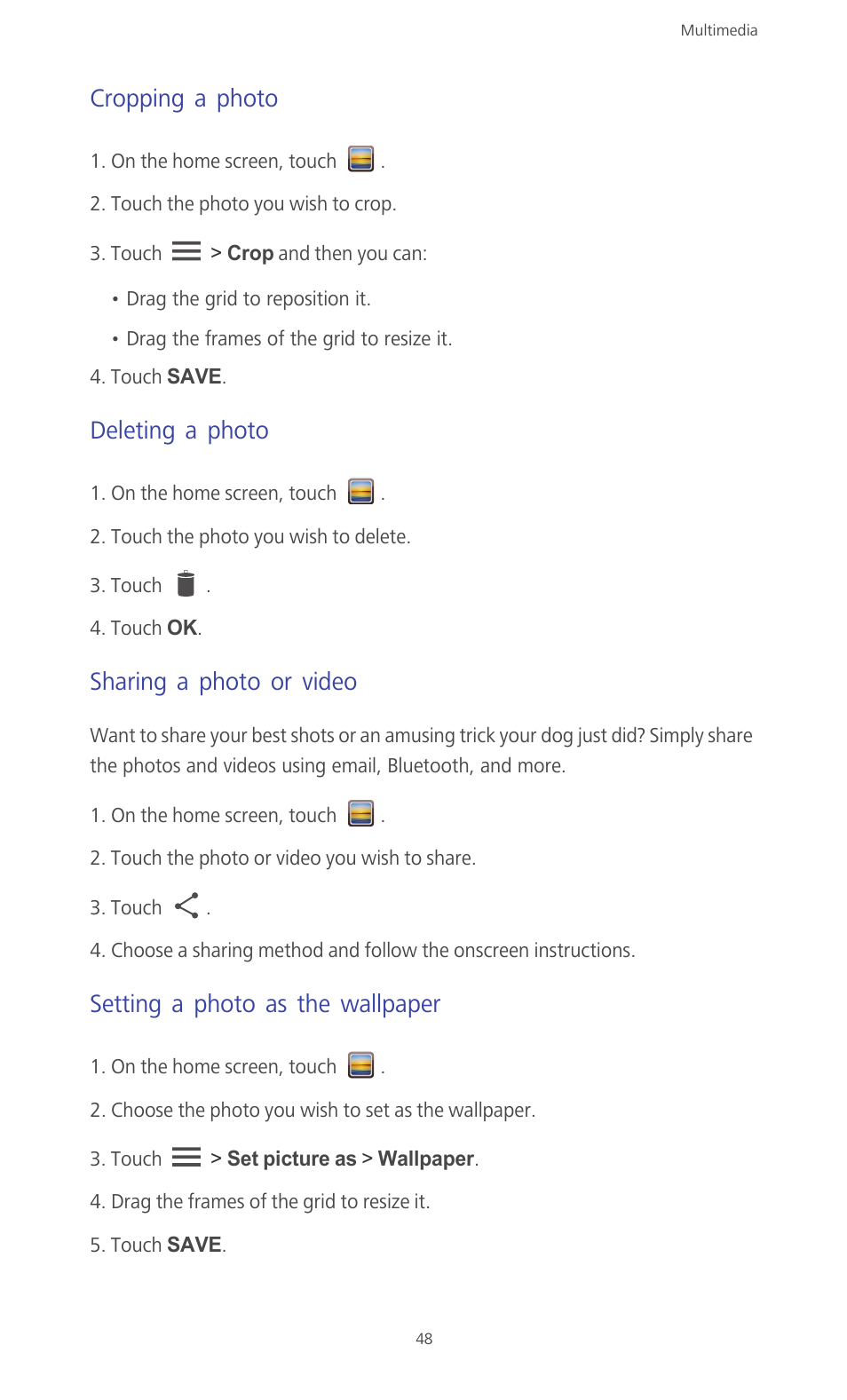 Cropping a photo, Deleting a photo, Sharing a photo or video | Setting a photo as the wallpaper | Huawei Ascend G610-U15 User Manual | Page 53 / 94