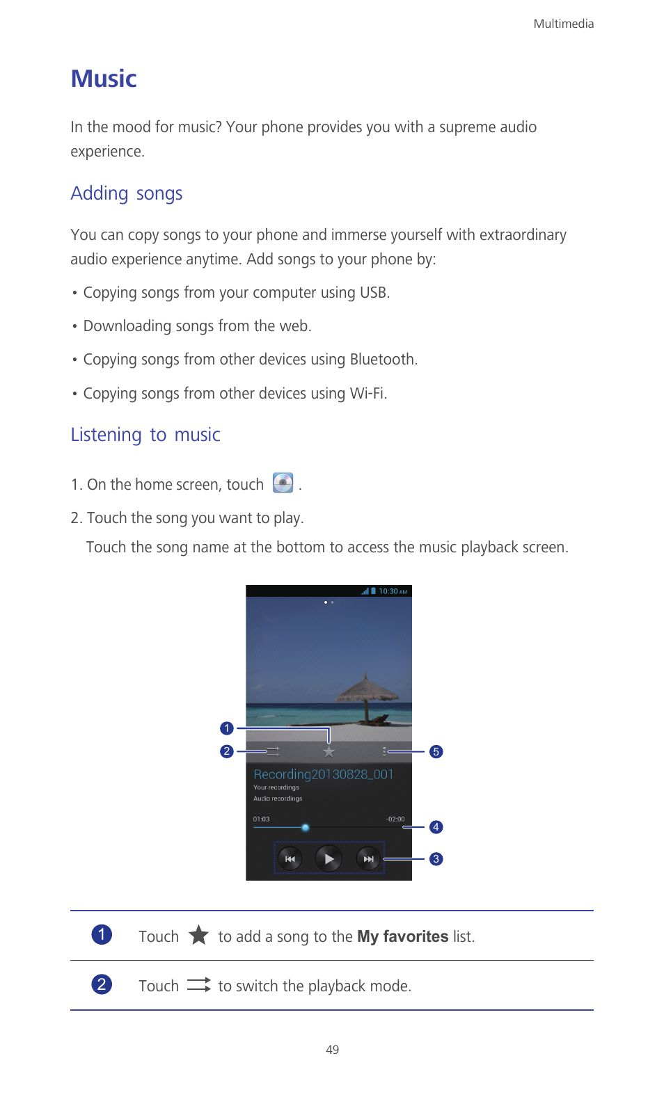 Music, Adding songs, Listening to music | Huawei Ascend G610-U15 User Manual | Page 54 / 94