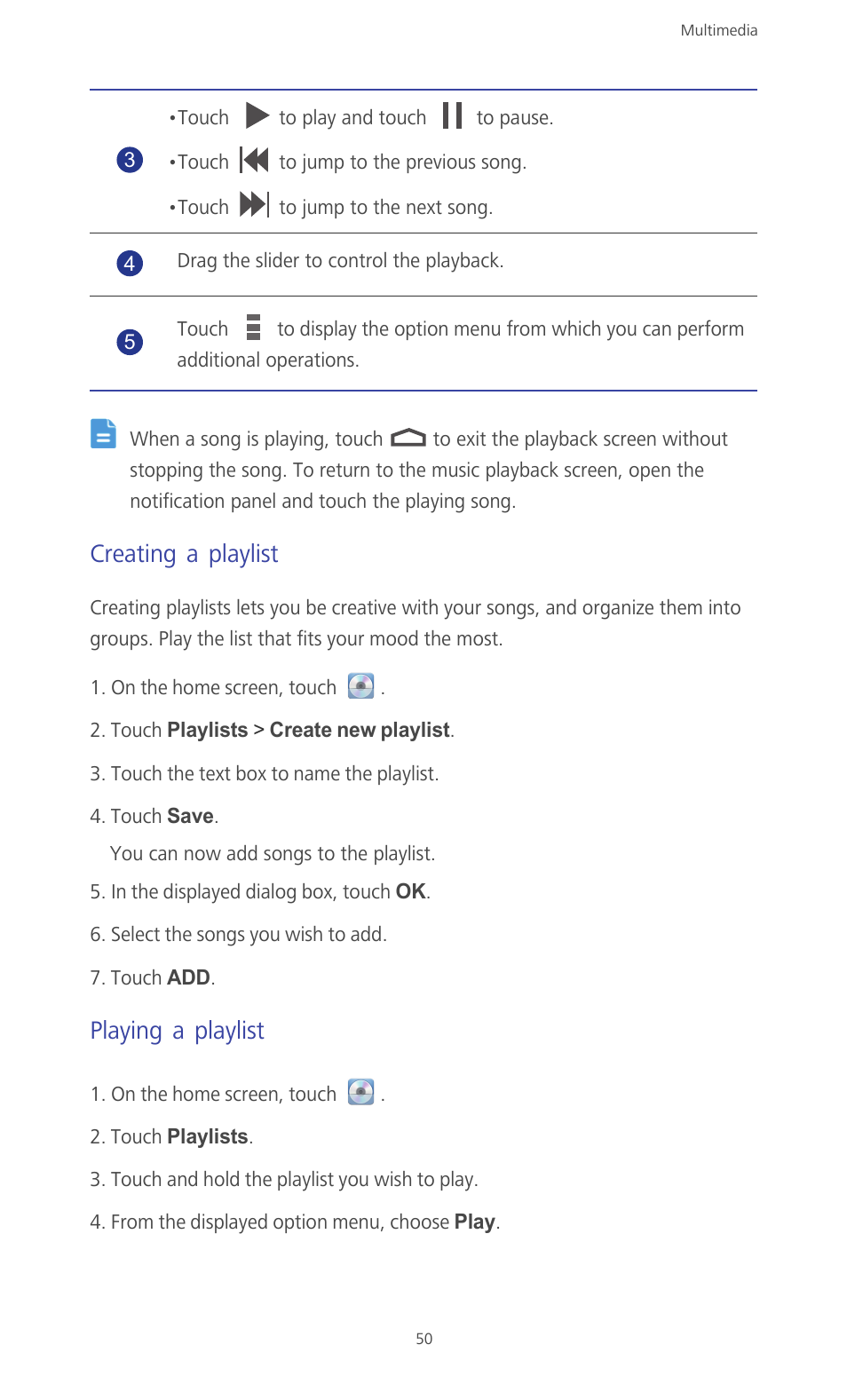 Creating a playlist, Playing a playlist | Huawei Ascend G610-U15 User Manual | Page 55 / 94
