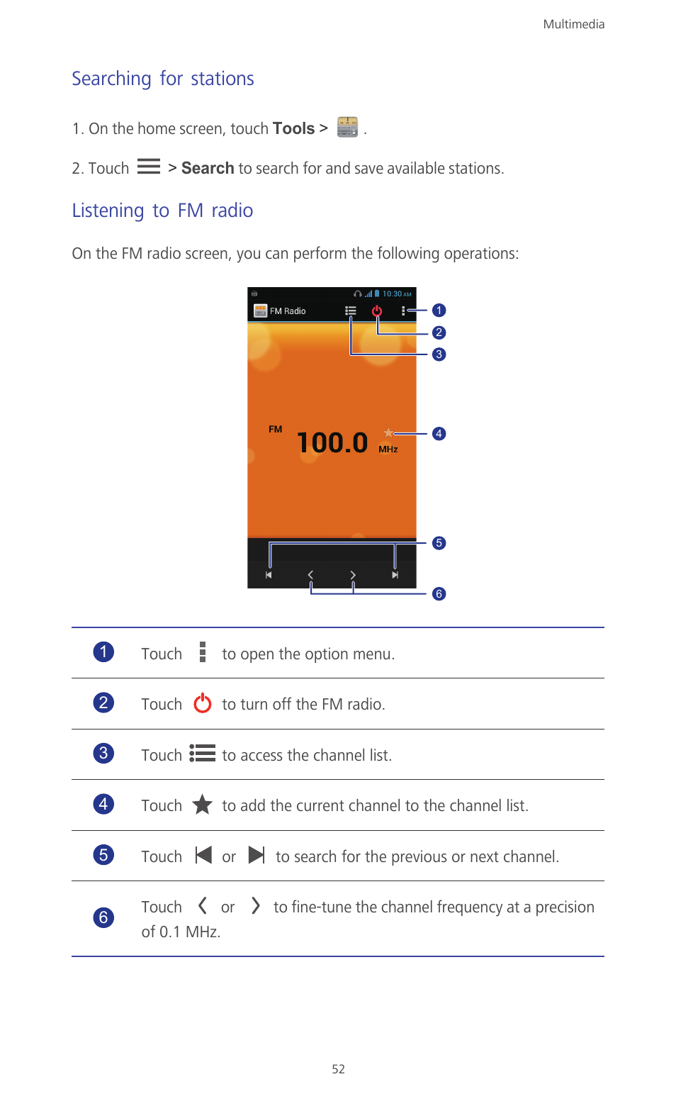 Searching for stations, Listening to fm radio | Huawei Ascend G610-U15 User Manual | Page 57 / 94