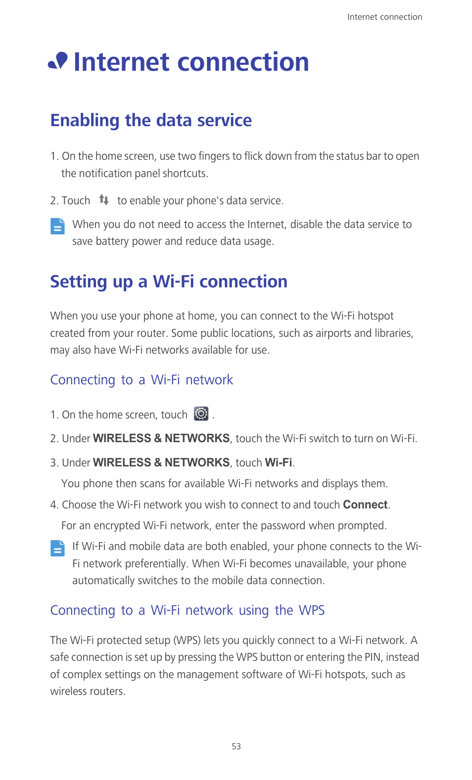 Internet connection, Enabling the data service, Setting up a wi-fi connection | Connecting to a wi-fi network, Connecting to a wi-fi network using the wps | Huawei Ascend G610-U15 User Manual | Page 58 / 94