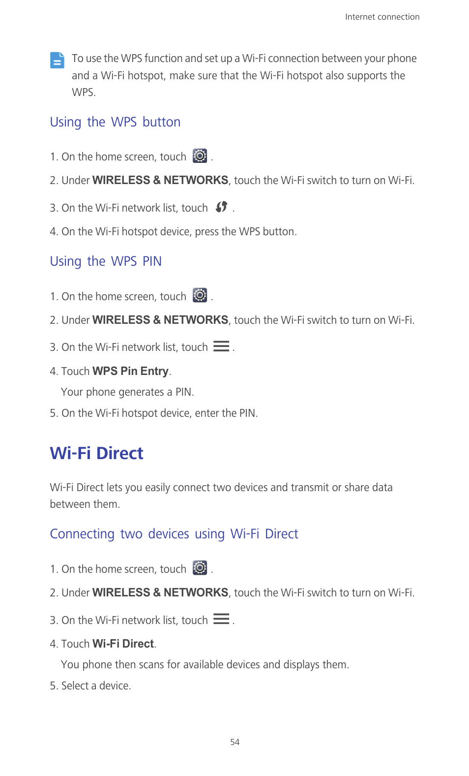 Using the wps button, Using the wps pin, Wi-fi direct | Connecting two devices using wi-fi direct | Huawei Ascend G610-U15 User Manual | Page 59 / 94