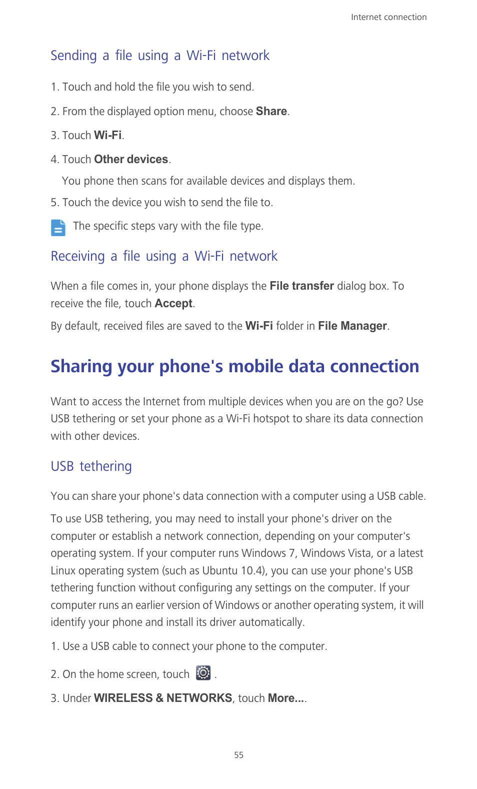 Sending a file using a wi-fi network, Receiving a file using a wi-fi network, Sharing your phone's mobile data connection | Usb tethering | Huawei Ascend G610-U15 User Manual | Page 60 / 94