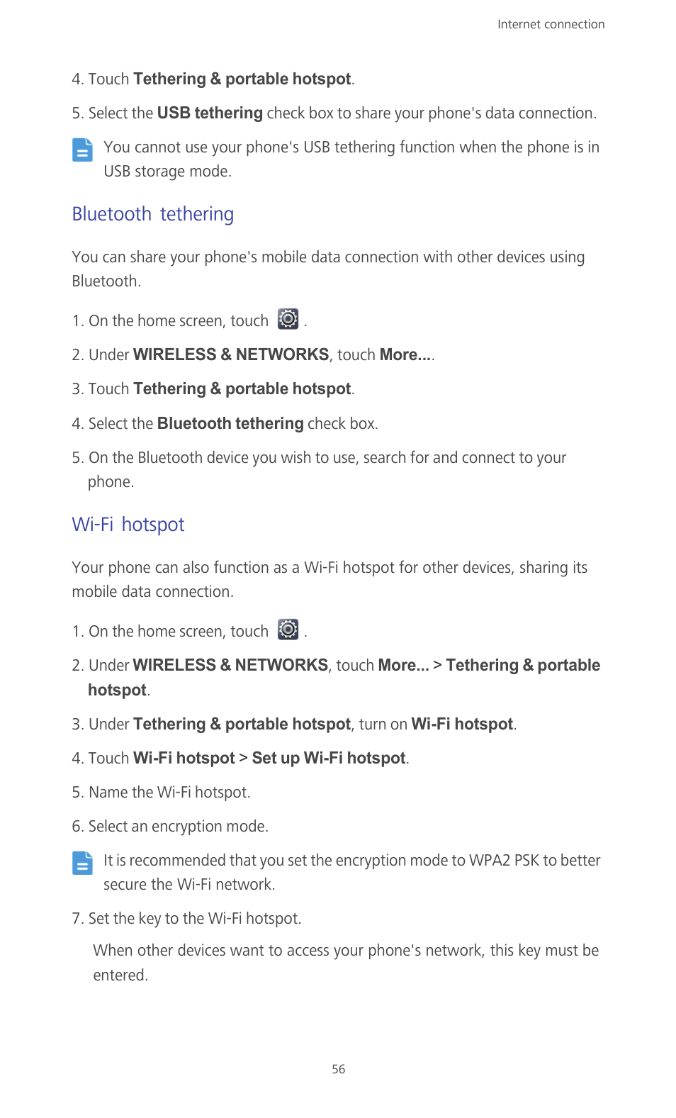 Bluetooth tethering, Wi-fi hotspot | Huawei Ascend G610-U15 User Manual | Page 61 / 94