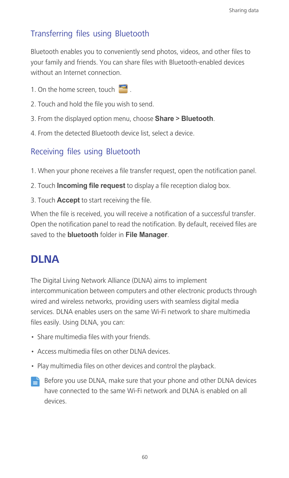 Transferring files using bluetooth, Receiving files using bluetooth, Dlna | Huawei Ascend G610-U15 User Manual | Page 65 / 94