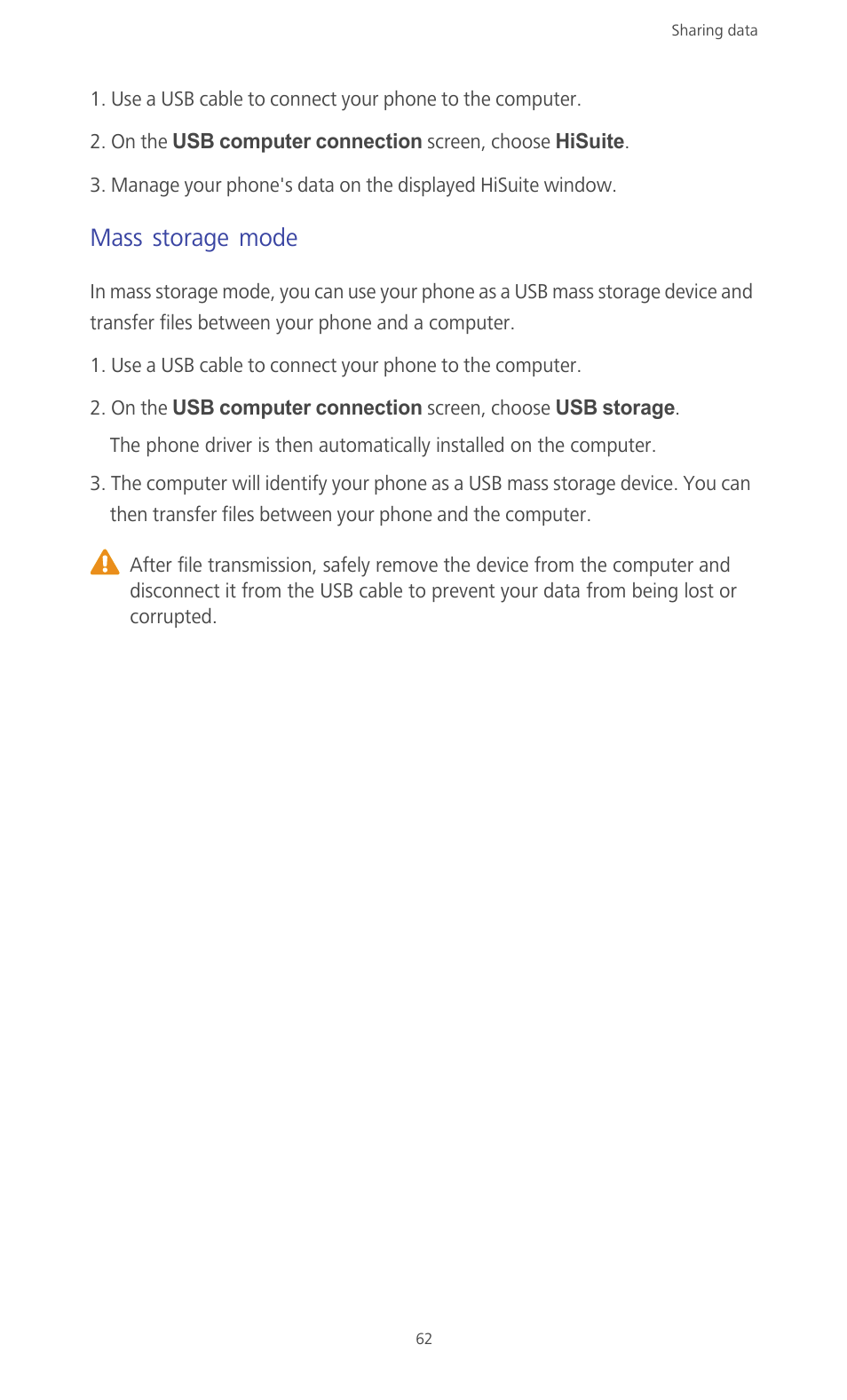 Mass storage mode | Huawei Ascend G610-U15 User Manual | Page 67 / 94