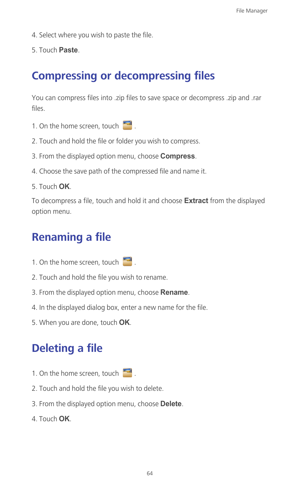 Compressing or decompressing files, Renaming a file, Deleting a file | Huawei Ascend G610-U15 User Manual | Page 69 / 94