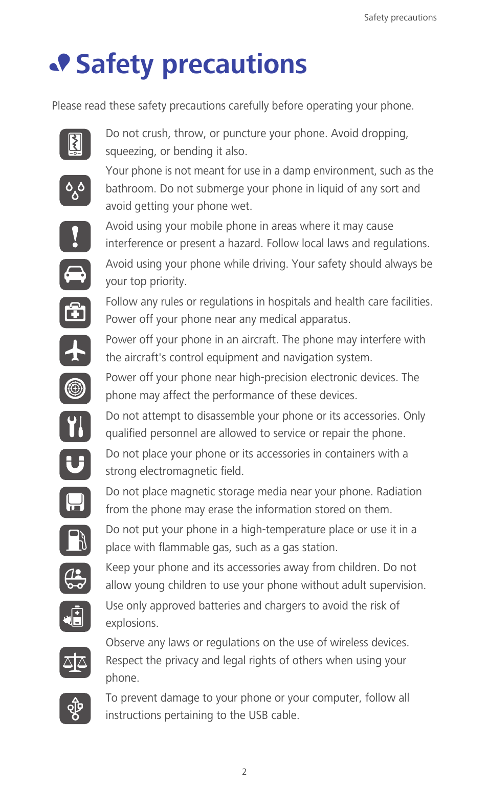 Safety precautions | Huawei Ascend G610-U15 User Manual | Page 7 / 94