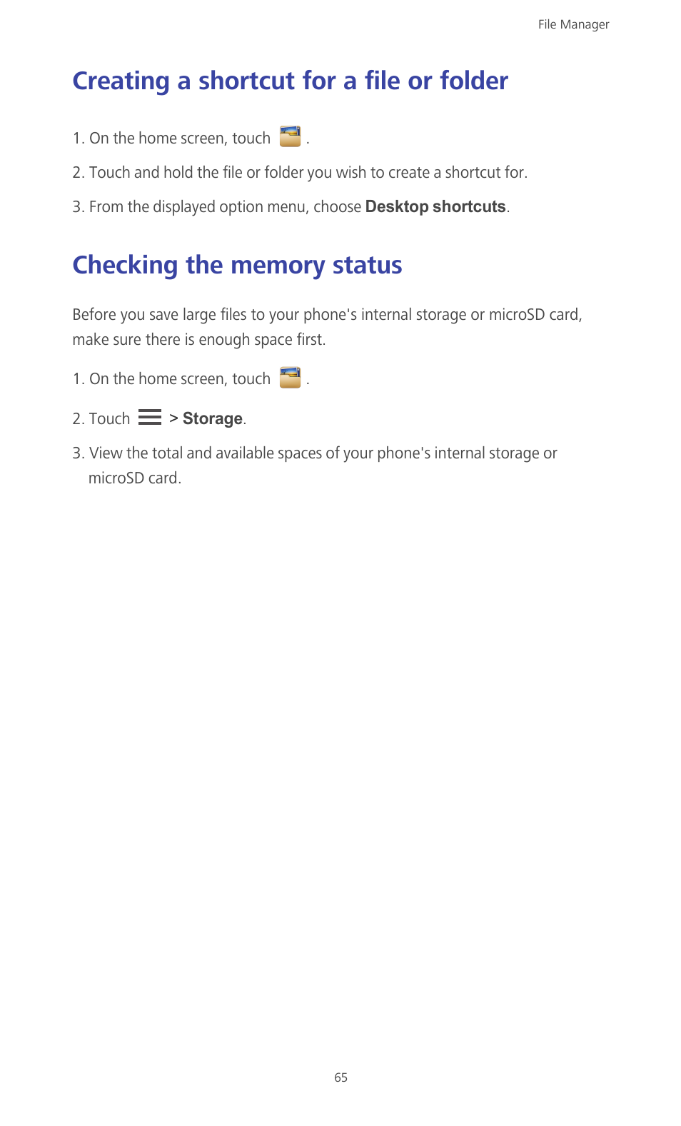 Creating a shortcut for a file or folder, Checking the memory status | Huawei Ascend G610-U15 User Manual | Page 70 / 94
