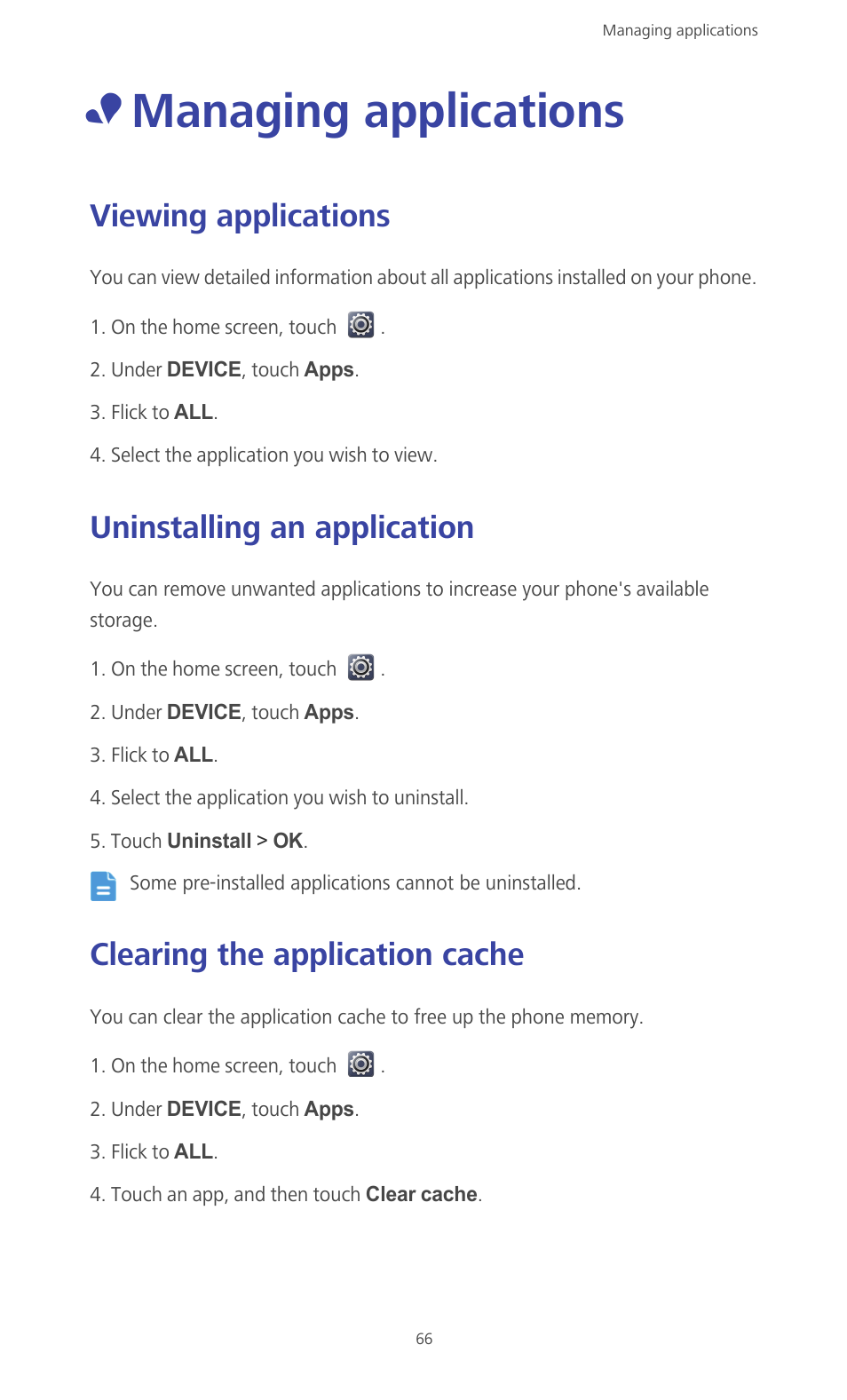 Managing applications, Viewing applications, Uninstalling an application | Clearing the application cache | Huawei Ascend G610-U15 User Manual | Page 71 / 94