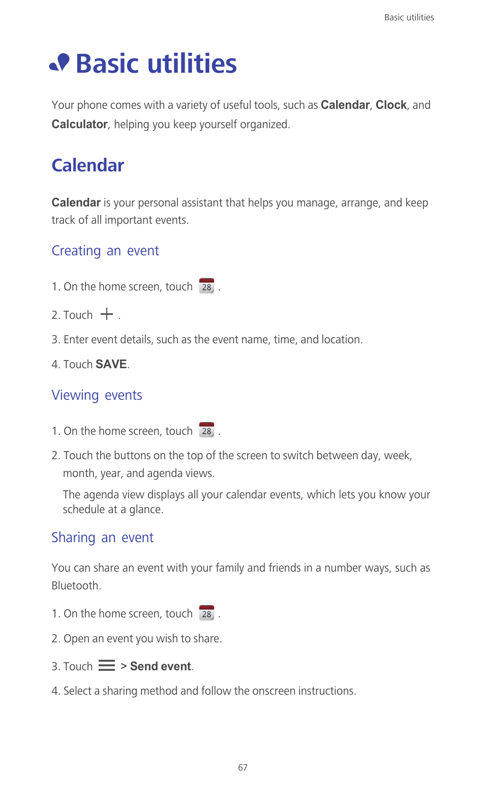 Basic utilities, Calendar, Creating an event | Viewing events, Sharing an event | Huawei Ascend G610-U15 User Manual | Page 72 / 94