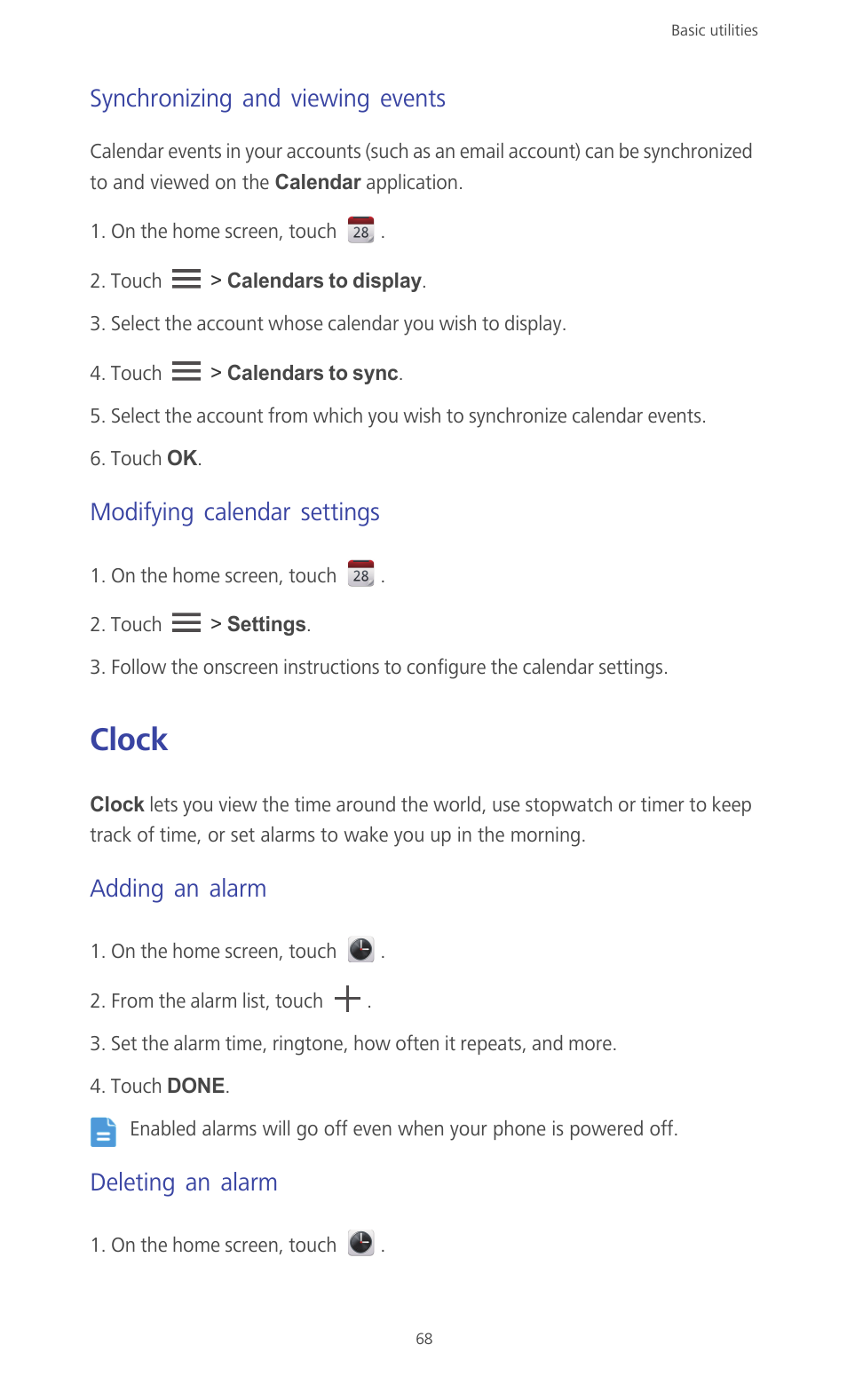 Synchronizing and viewing events, Modifying calendar settings, Clock | Adding an alarm, Deleting an alarm | Huawei Ascend G610-U15 User Manual | Page 73 / 94