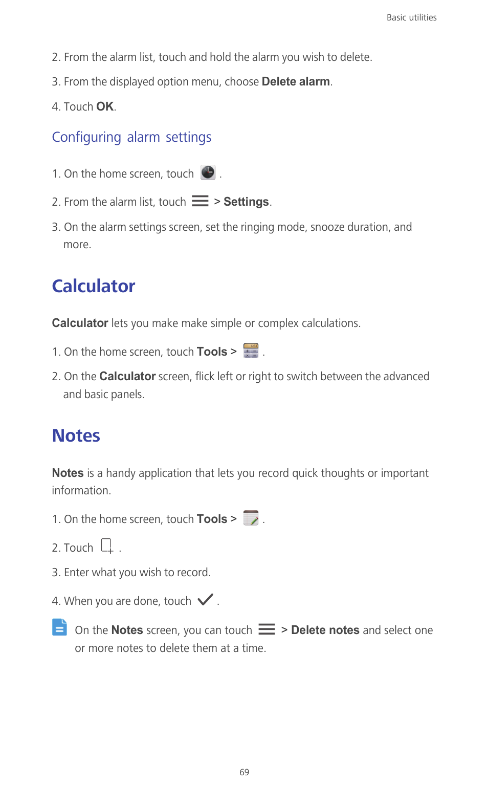 Configuring alarm settings, Calculator, Notes | Calculator notes | Huawei Ascend G610-U15 User Manual | Page 74 / 94