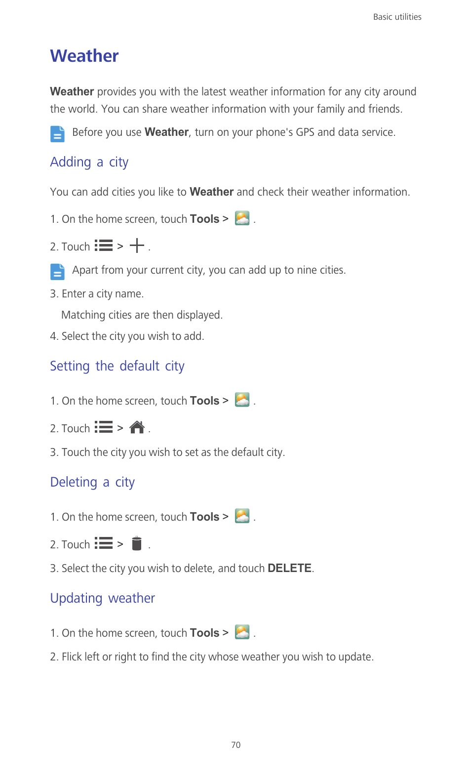 Weather, Adding a city, Setting the default city | Deleting a city, Updating weather | Huawei Ascend G610-U15 User Manual | Page 75 / 94