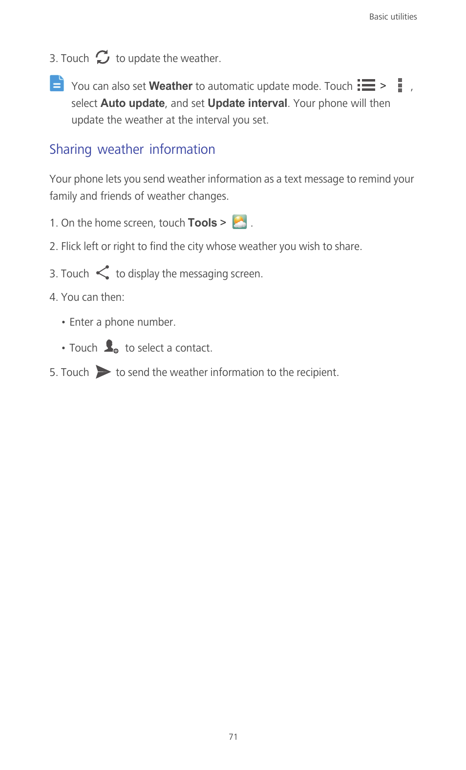 Sharing weather information | Huawei Ascend G610-U15 User Manual | Page 76 / 94