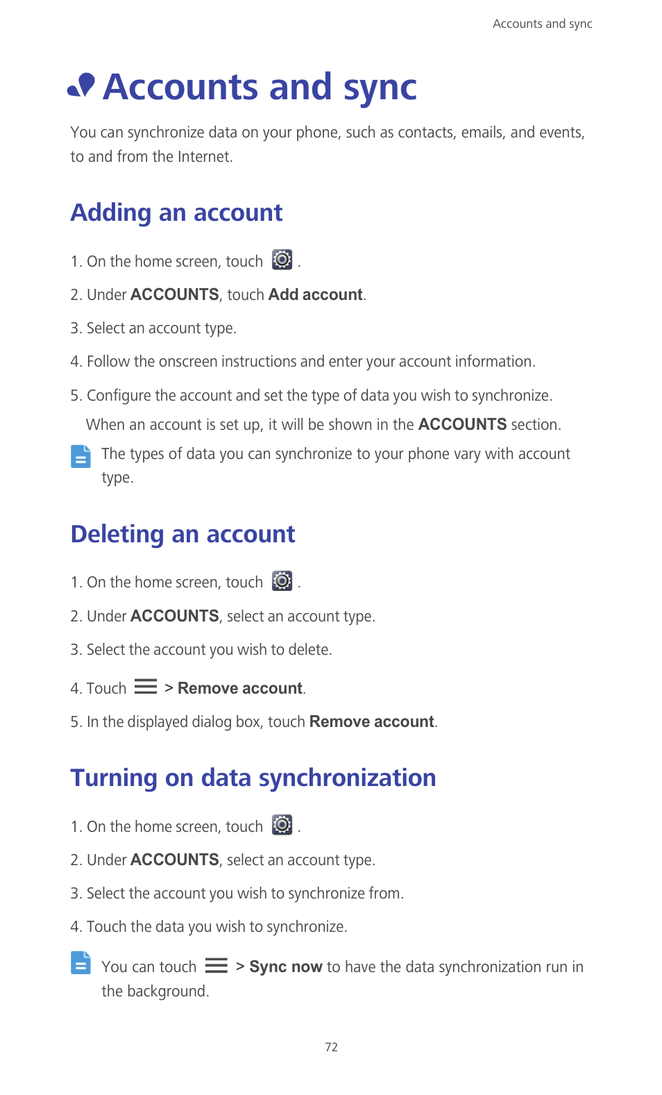 Accounts and sync, Adding an account, Deleting an account | Turning on data synchronization | Huawei Ascend G610-U15 User Manual | Page 77 / 94