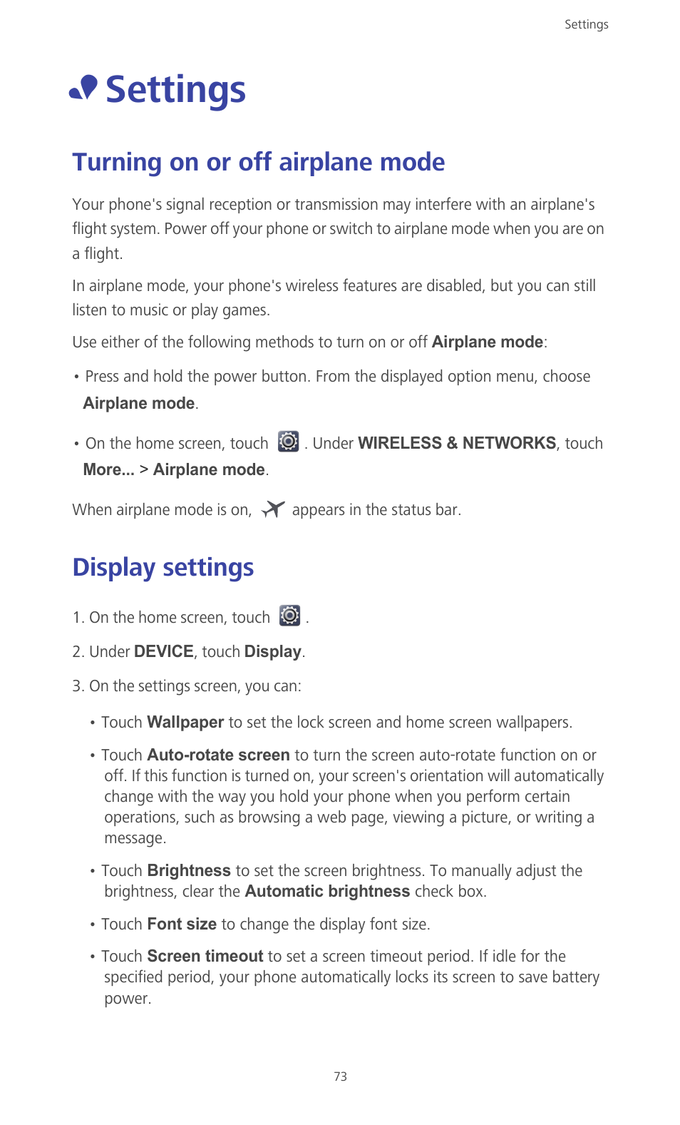 Settings, Turning on or off airplane mode, Display settings | Turning on or off airplane mode display settings | Huawei Ascend G610-U15 User Manual | Page 78 / 94